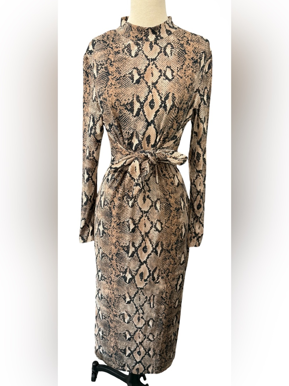 SHEIN Snake Print Belted Maxi Dress Long Sleeve Mock Neck Size L